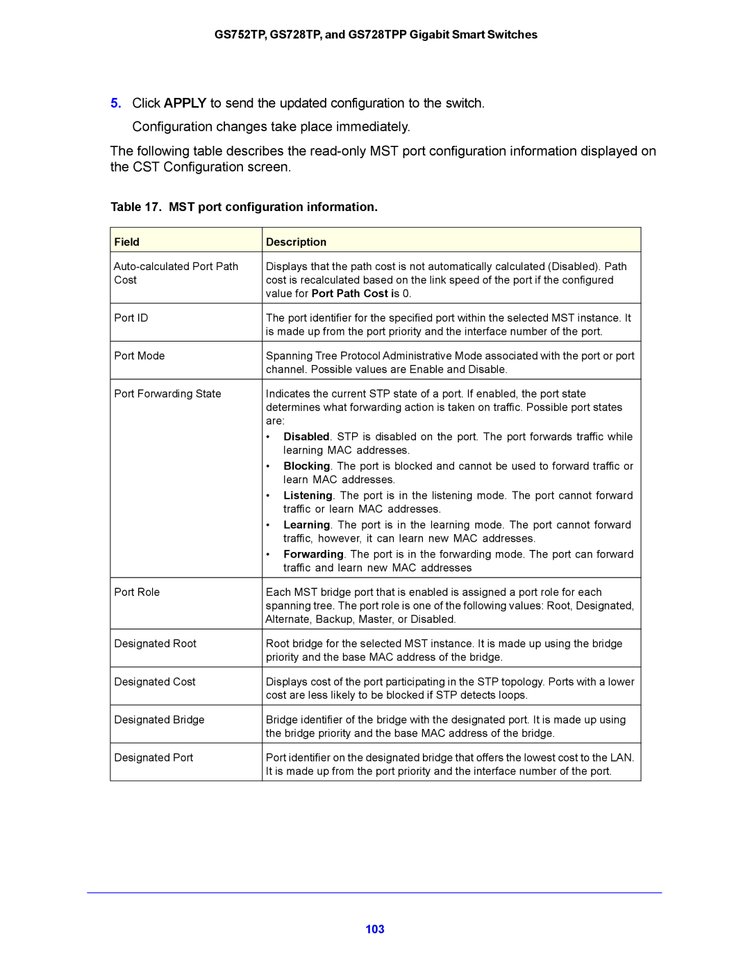 NETGEAR GS728TPP, GS752TP manual MST port configuration information, Value for Port Path Cost is 