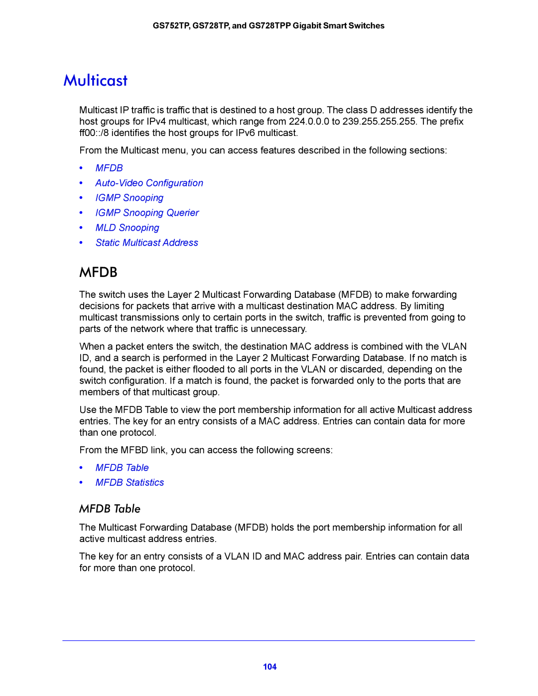 NETGEAR GS752TP, GS728TPP manual Multicast, Mfdb Table 