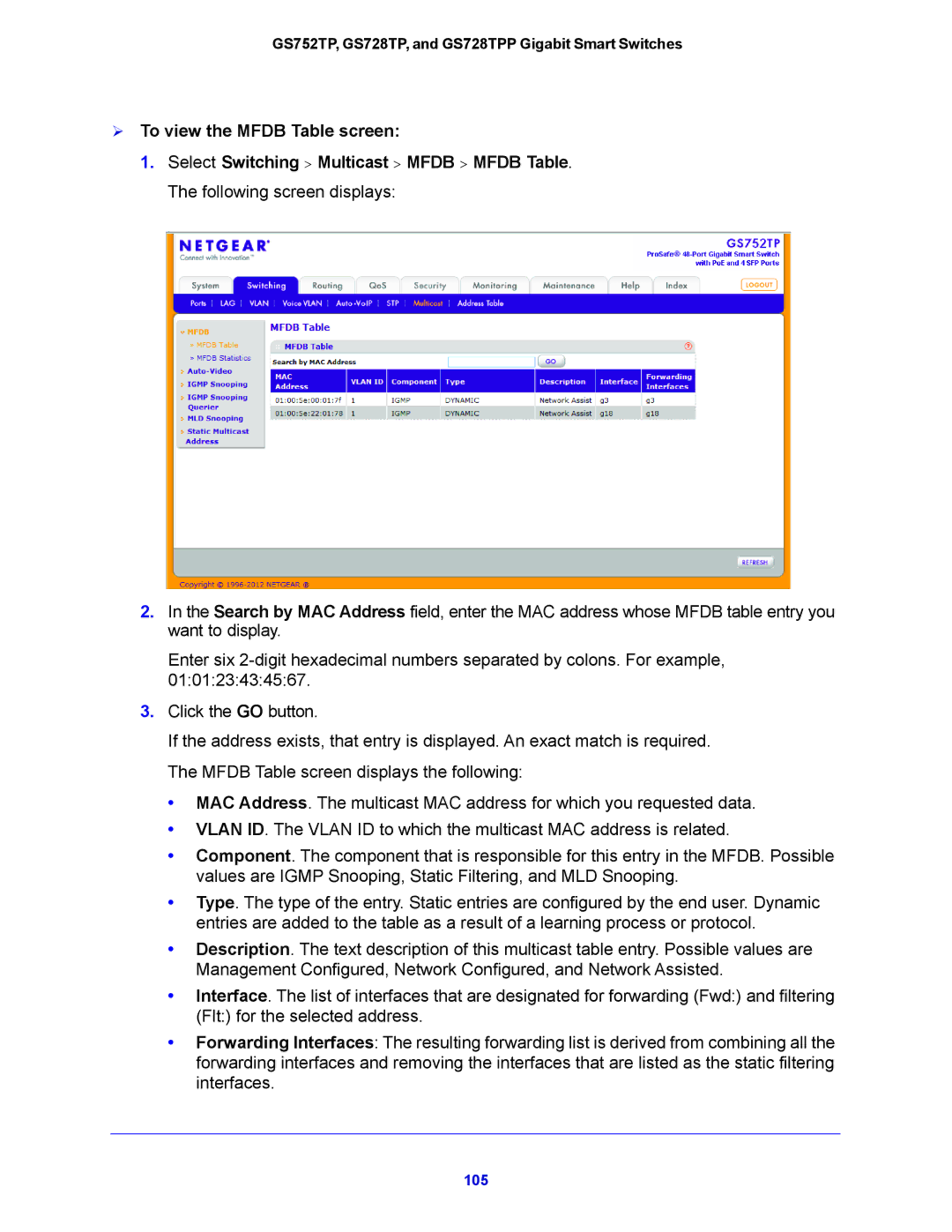 NETGEAR GS752TP, GS728TPP manual  To view the Mfdb Table screen 