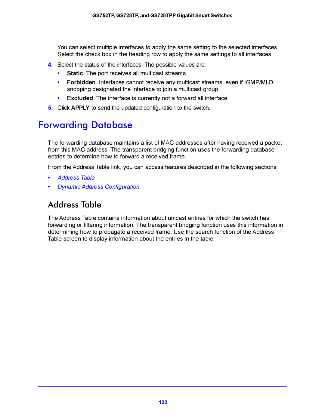 NETGEAR GS752TP, GS728TPP manual Forwarding Database, Address Table 