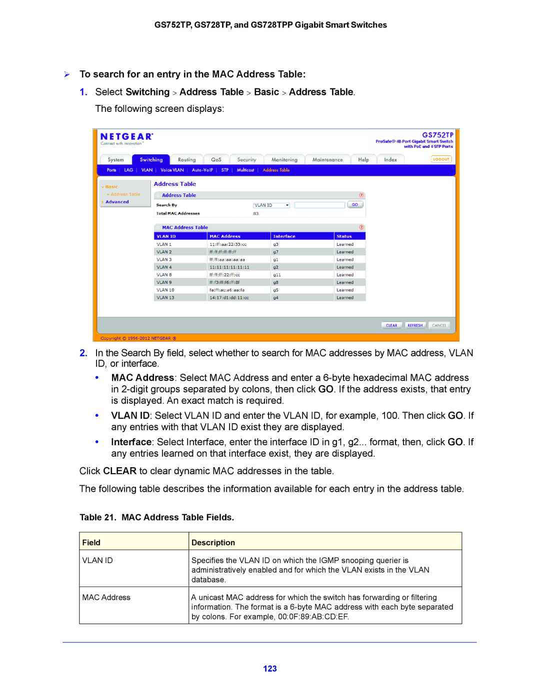 NETGEAR GS752TP, GS728TPP manual  To search for an entry in the MAC Address Table, MAC Address Table Fields 