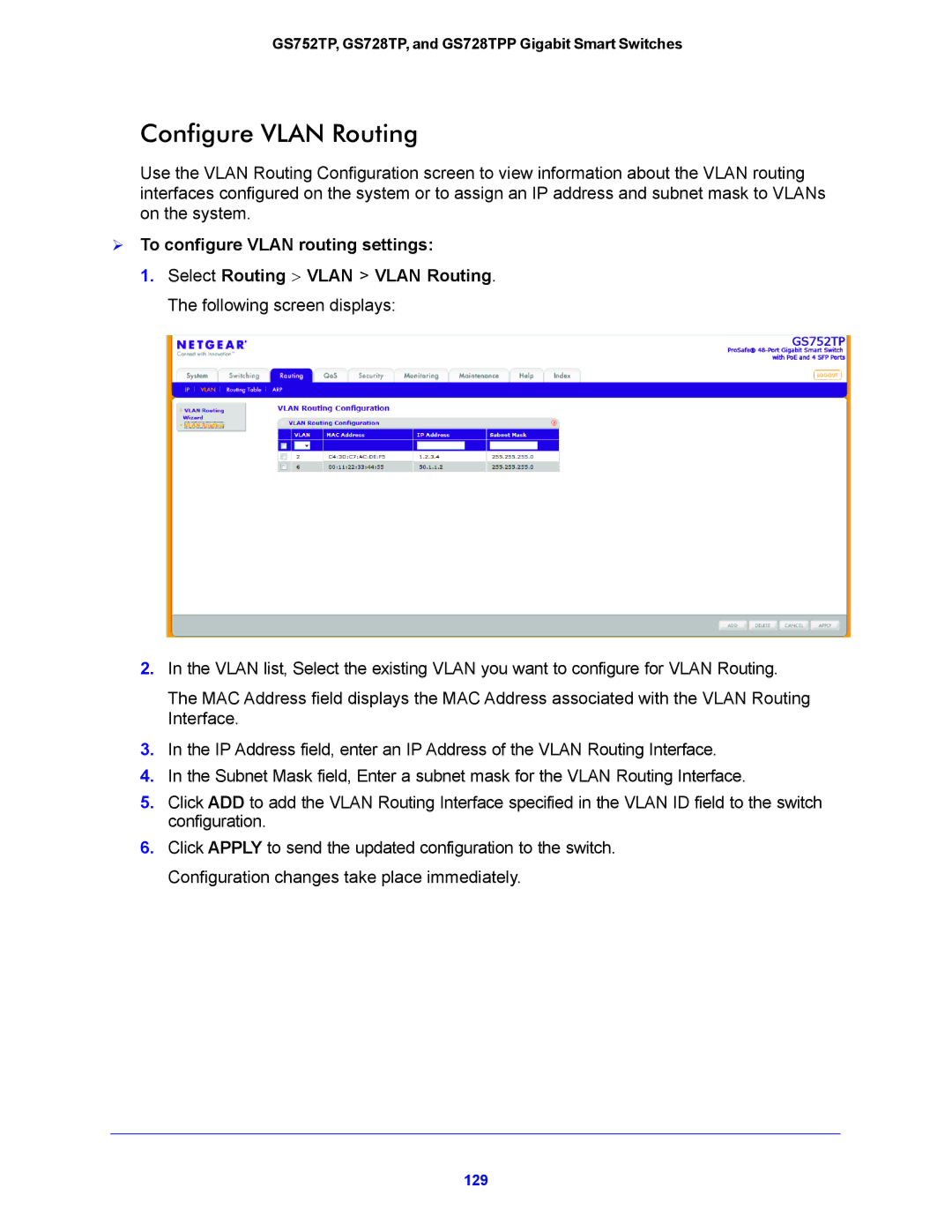 NETGEAR GS752TP, GS728TPP manual Configure Vlan Routing,  To configure Vlan routing settings 