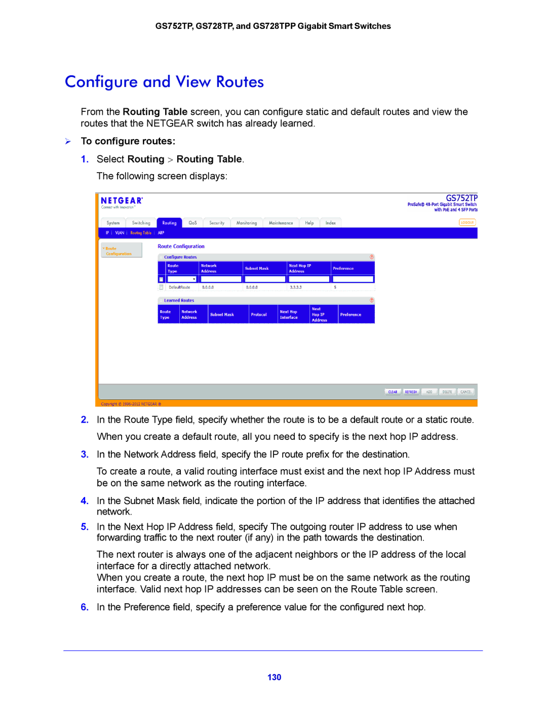 NETGEAR GS728TPP, GS752TP manual Configure and View Routes,  To configure routes 