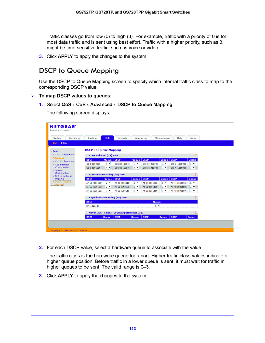 NETGEAR GS752TP, GS728TPP manual Dscp to Queue Mapping,  To map Dscp values to queues 