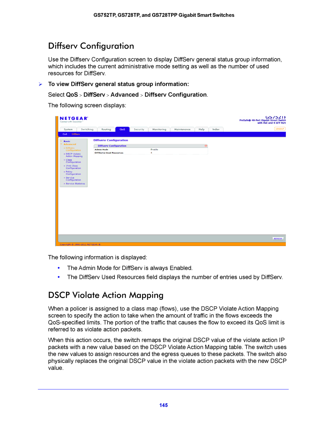 NETGEAR GS728TPP, GS752TP manual Diffserv Configuration, Dscp Violate Action Mapping 