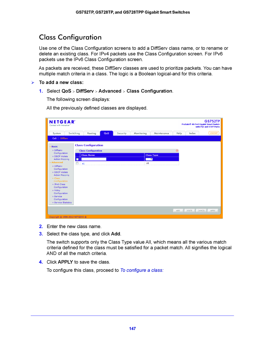 NETGEAR GS752TP, GS728TPP manual Class Configuration,  To add a new class 