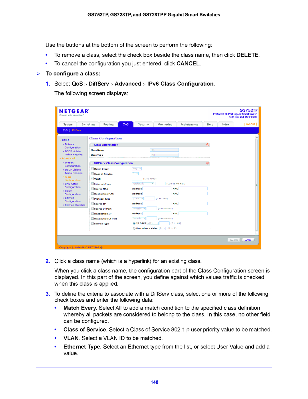 NETGEAR GS728TPP, GS752TP manual  To configure a class 