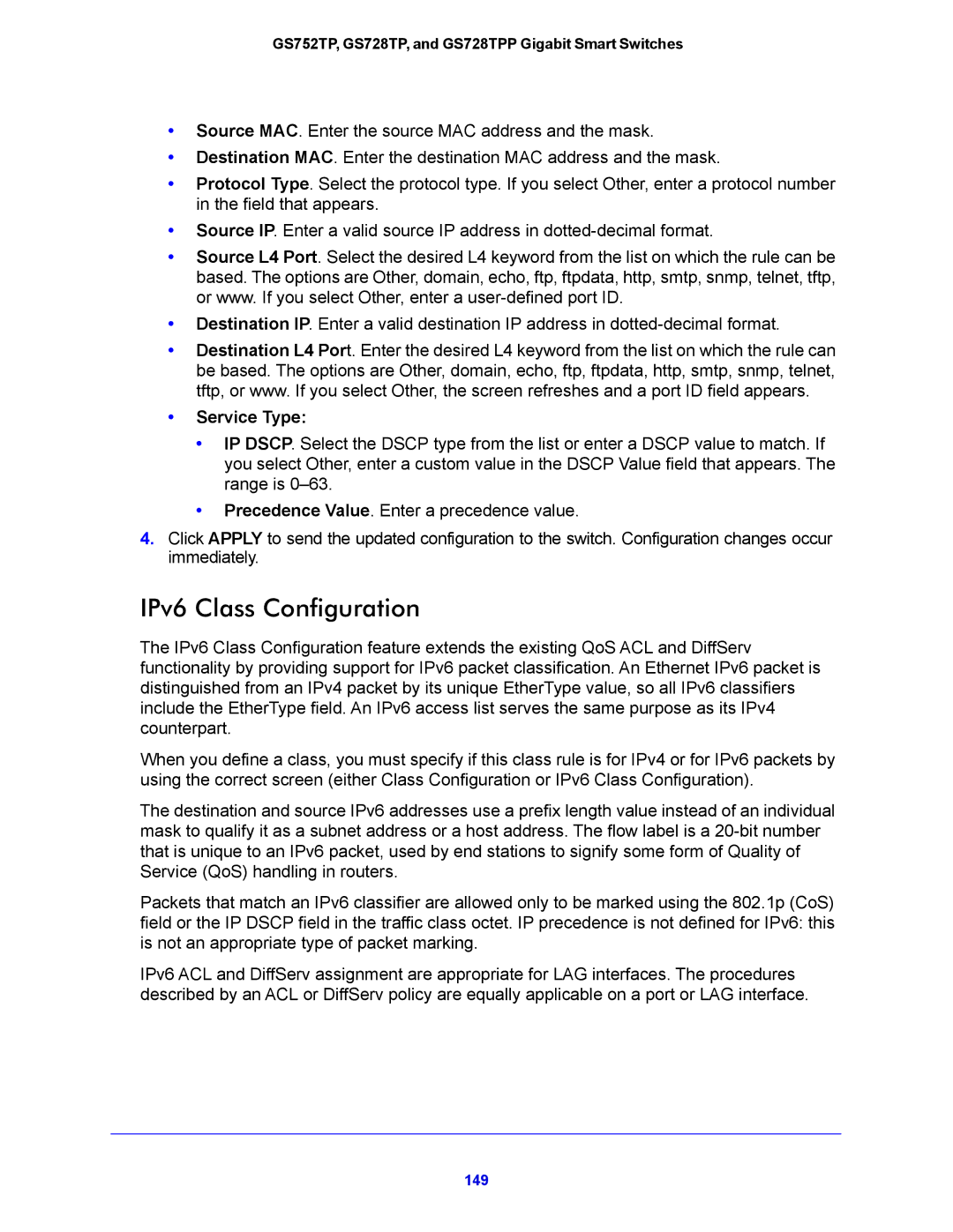 NETGEAR GS752TP, GS728TPP manual IPv6 Class Configuration, Service Type 