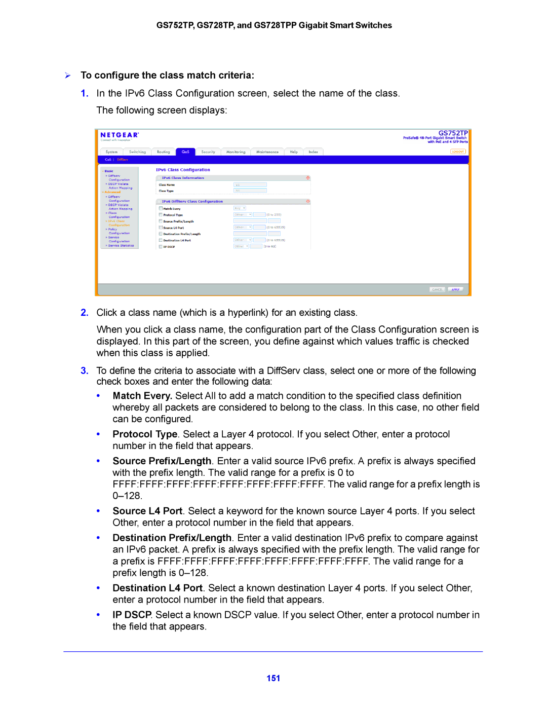 NETGEAR GS728TPP, GS752TP manual  To configure the class match criteria 