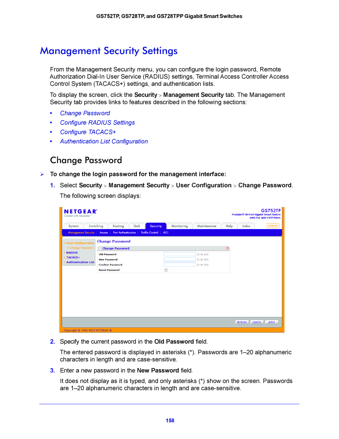 NETGEAR GS728TP Management Security Settings, Change Password,  To change the login password for the management interface 