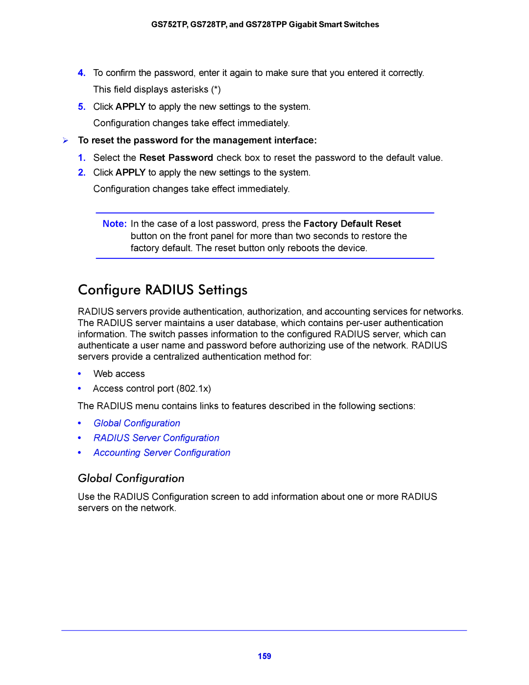 NETGEAR GS752TP Configure Radius Settings, Global Configuration,  To reset the password for the management interface 