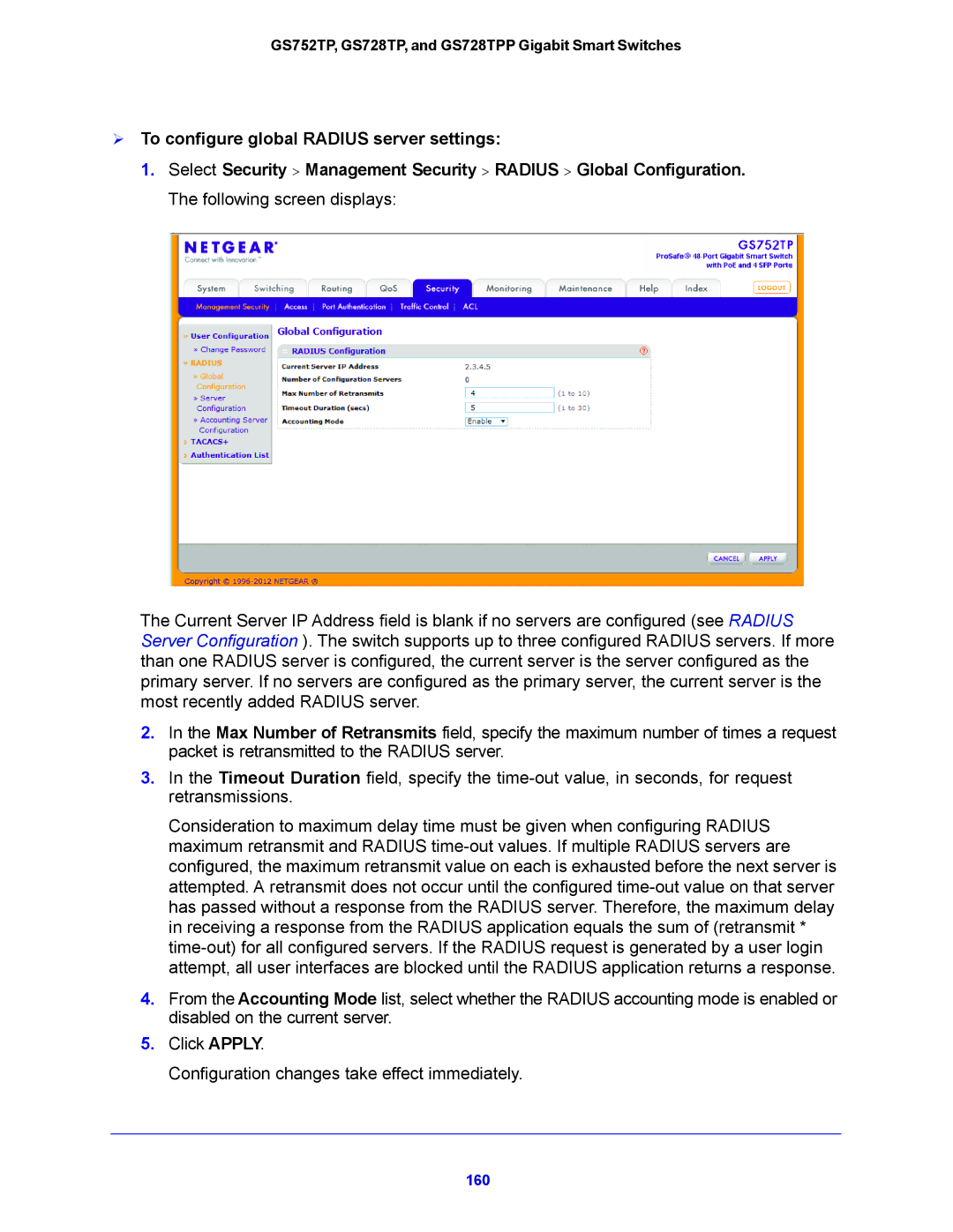 NETGEAR GS728TPP, GS752TP manual  To configure global Radius server settings 