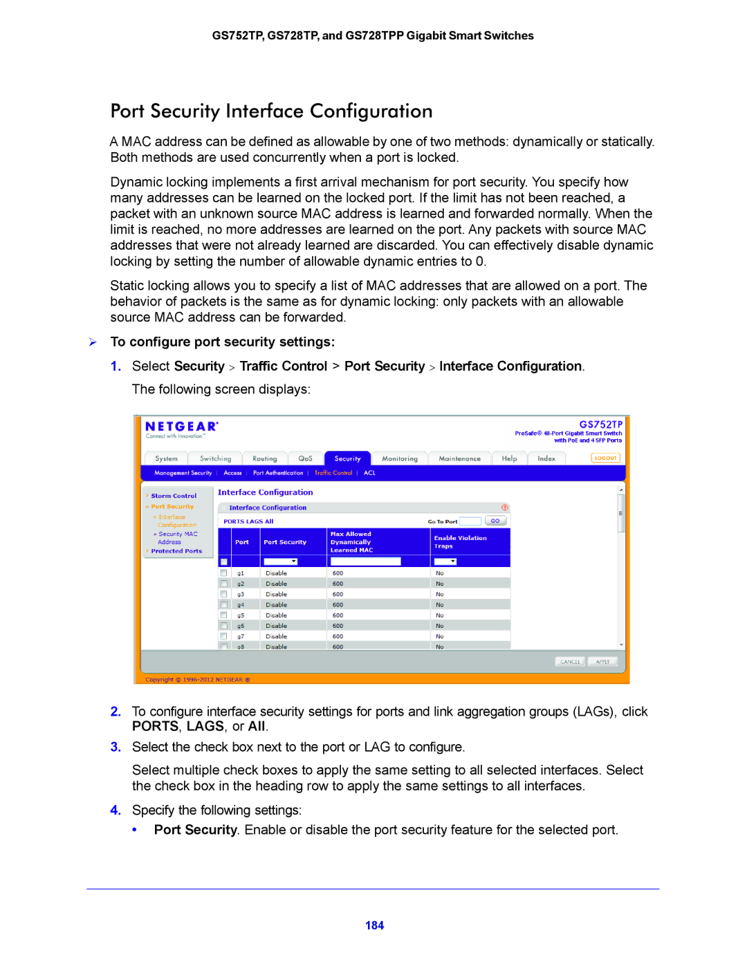 NETGEAR GS728TPP, GS752TP manual Port Security Interface Configuration,  To configure port security settings 