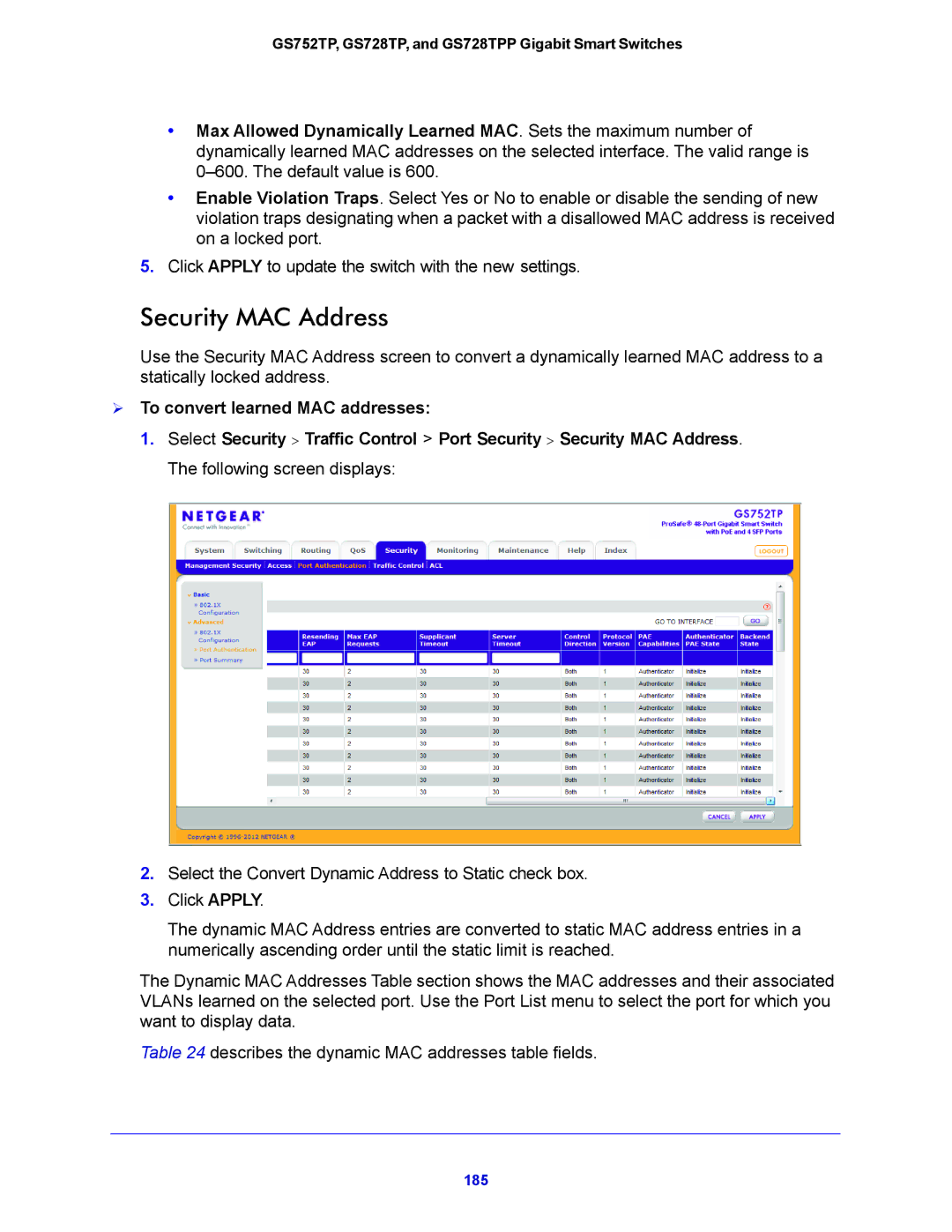 NETGEAR GS752TP, GS728TPP manual Security MAC Address,  To convert learned MAC addresses 