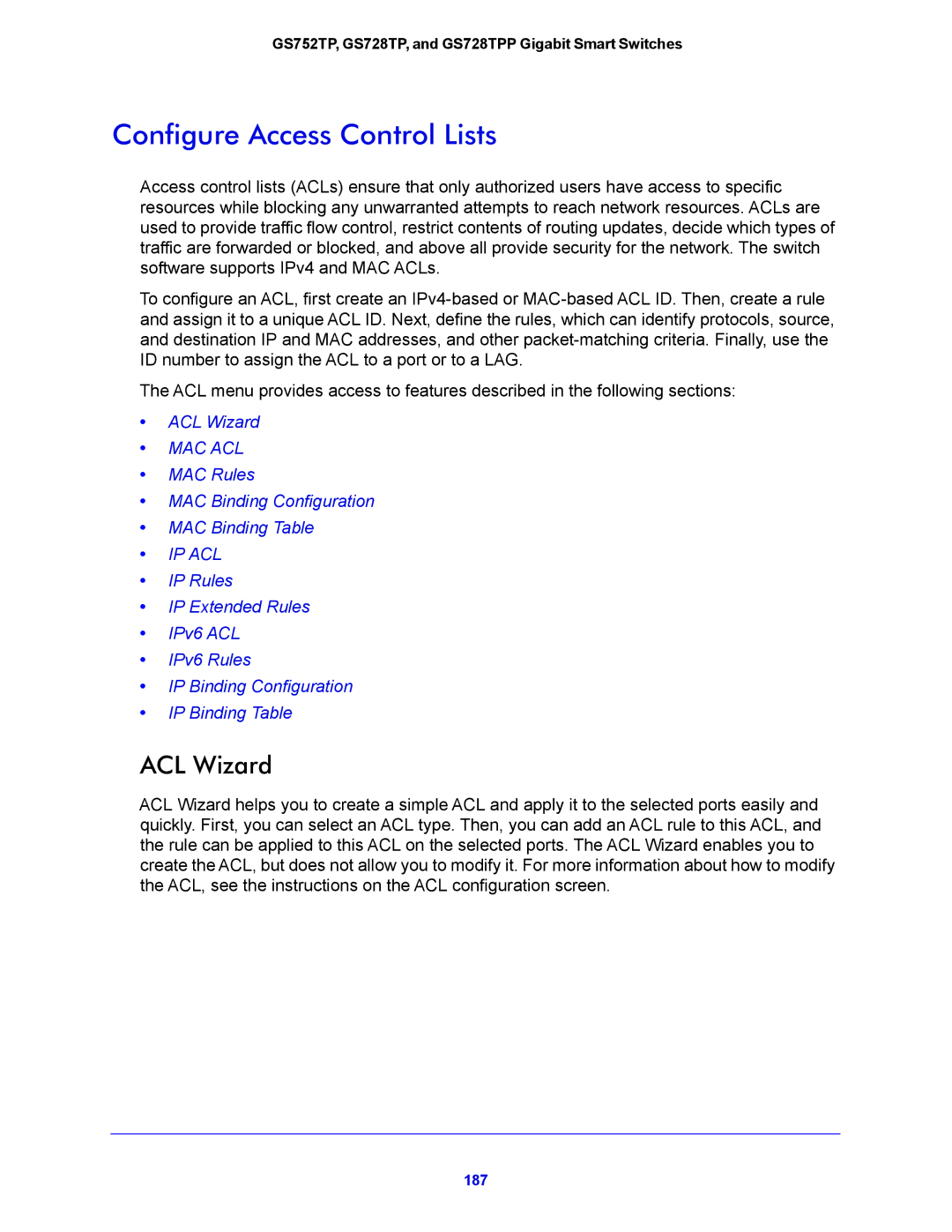 NETGEAR GS728TPP, GS752TP manual Configure Access Control Lists, ACL Wizard 