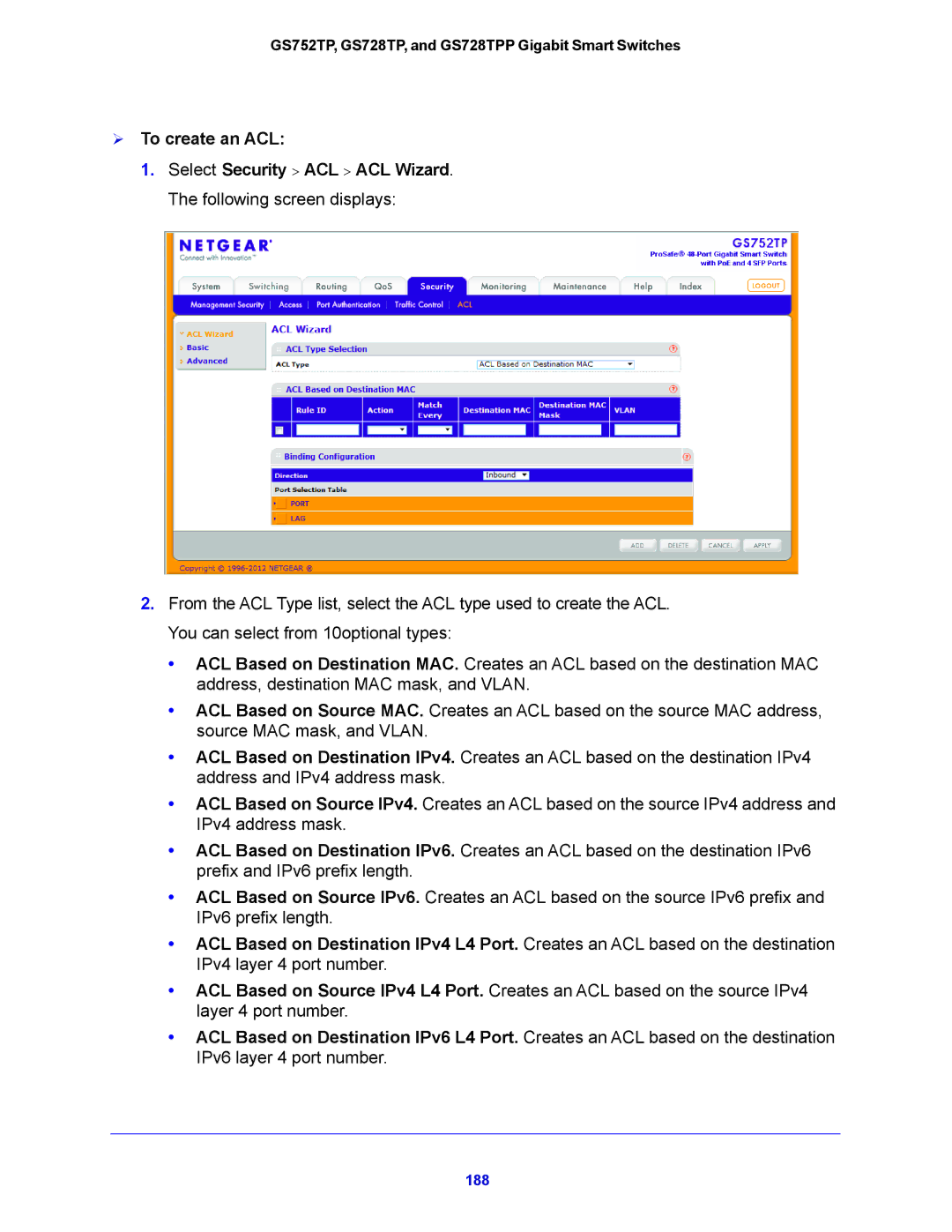 NETGEAR GS752TP, GS728TPP manual  To create an ACL 