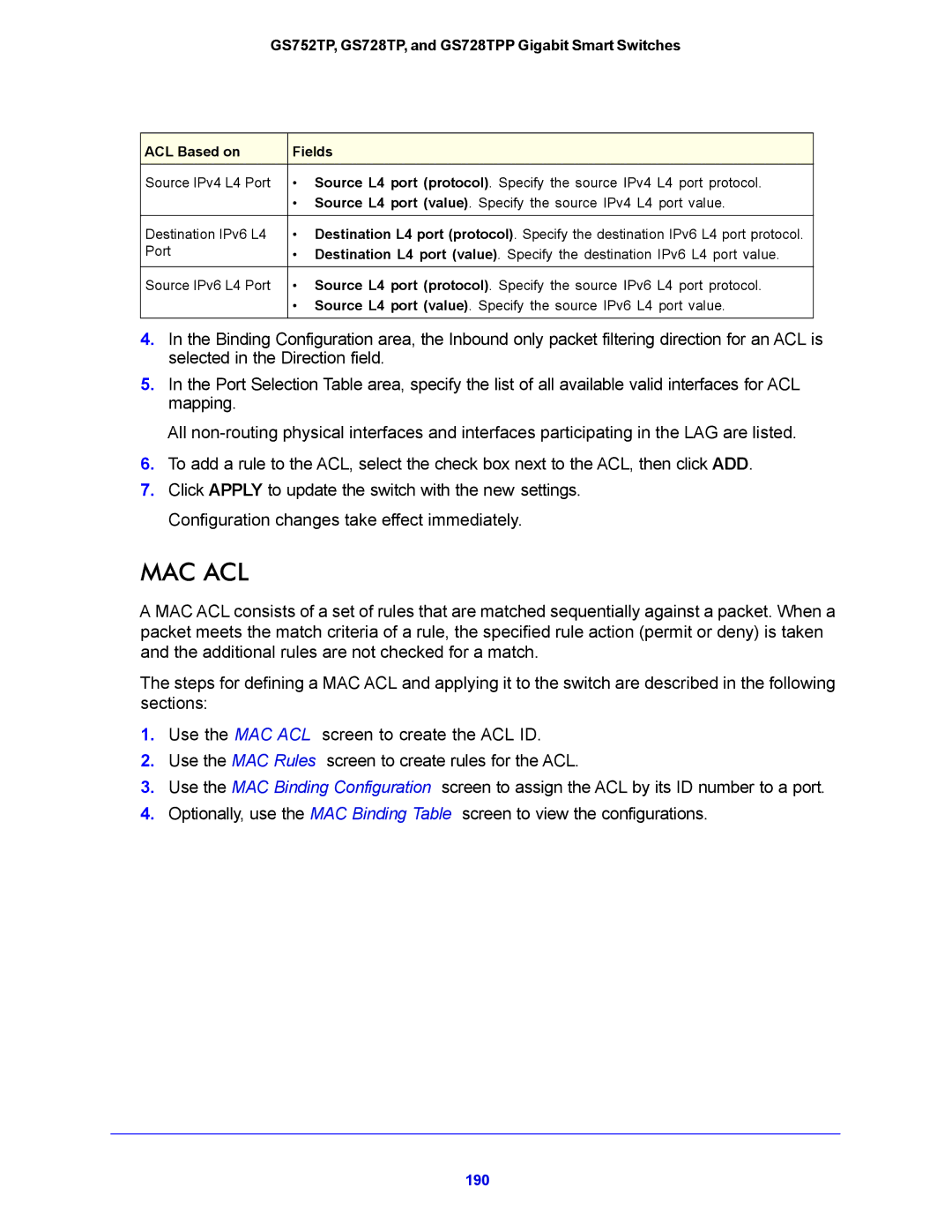 NETGEAR GS728TPP, GS752TP manual Mac Acl 