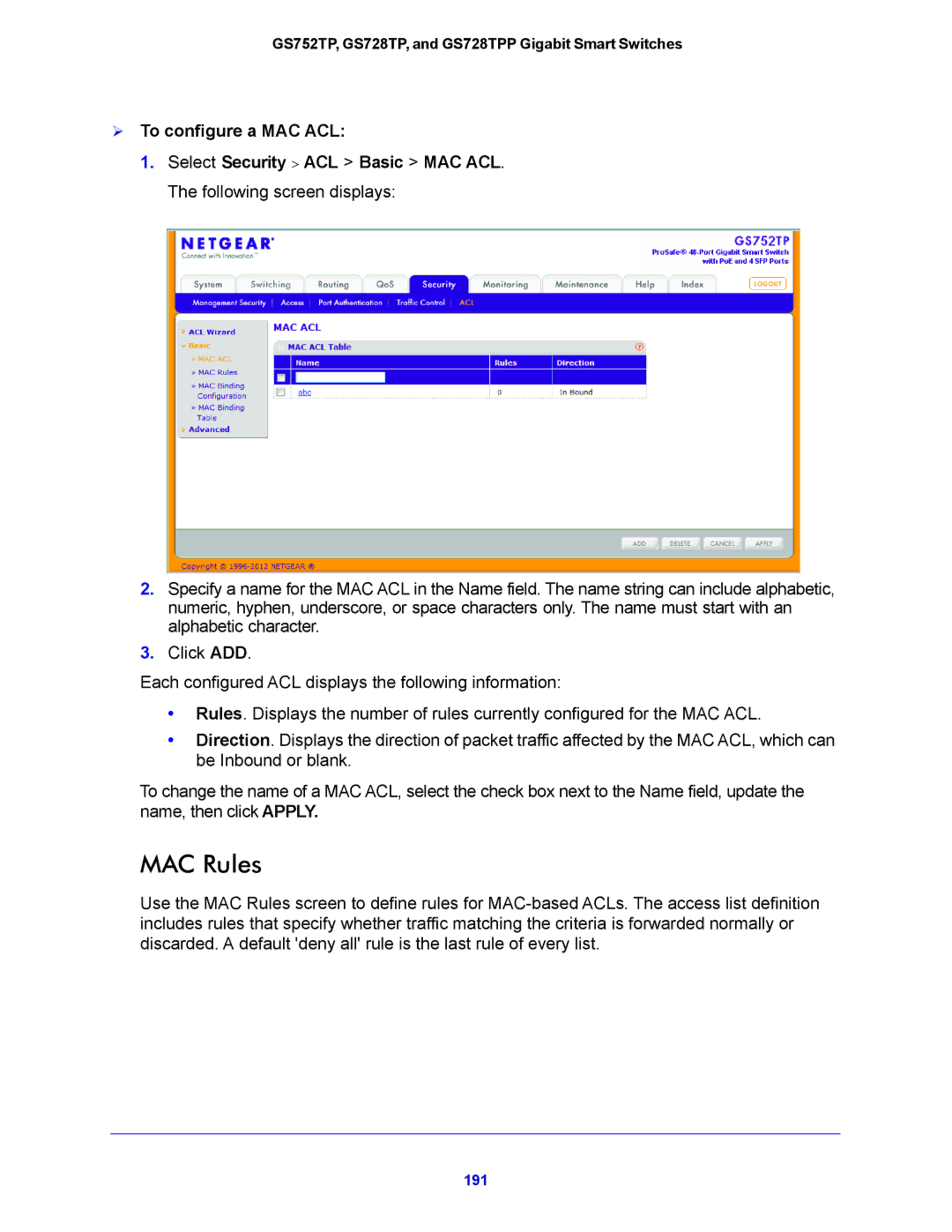 NETGEAR GS752TP, GS728TPP manual MAC Rules,  To configure a MAC ACL 