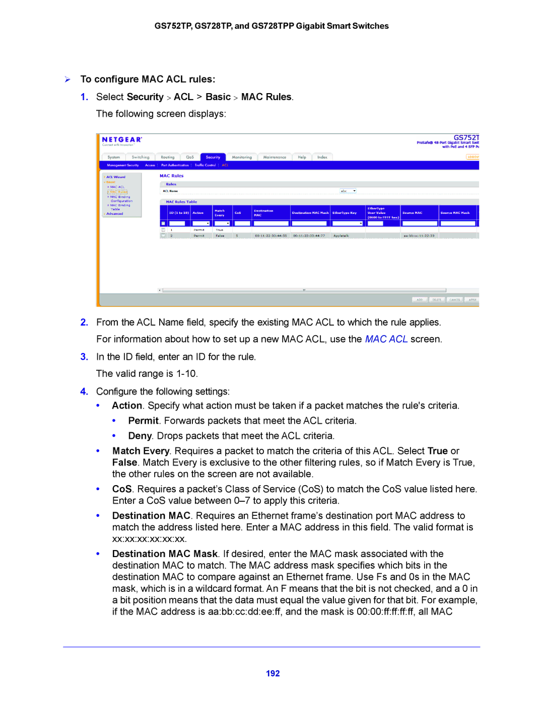 NETGEAR GS752TP, GS728TPP manual  To configure MAC ACL rules 