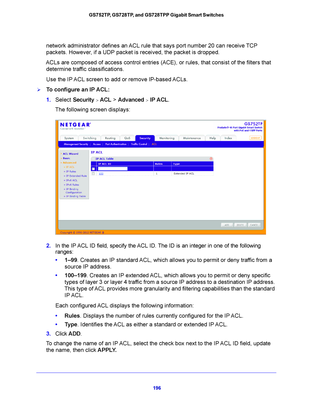 NETGEAR GS728TPP, GS752TP manual  To configure an IP ACL, Ip Acl 