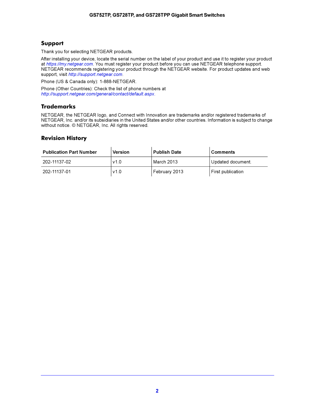 NETGEAR manual Support, Trademarks, Revision History, GS752TP, GS728TP, and GS728TPP Gigabit Smart Switches 