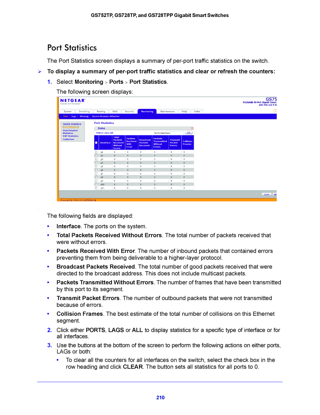 NETGEAR GS752TP, GS728TPP manual Port Statistics 