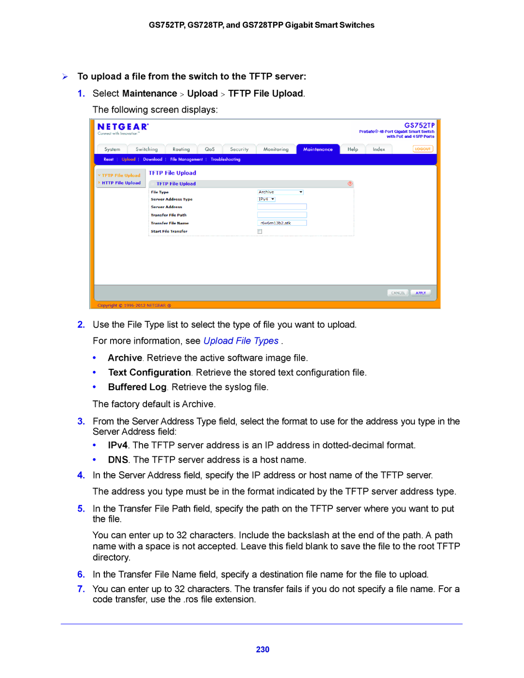 NETGEAR GS752TP, GS728TPP manual  To upload a file from the switch to the Tftp server 