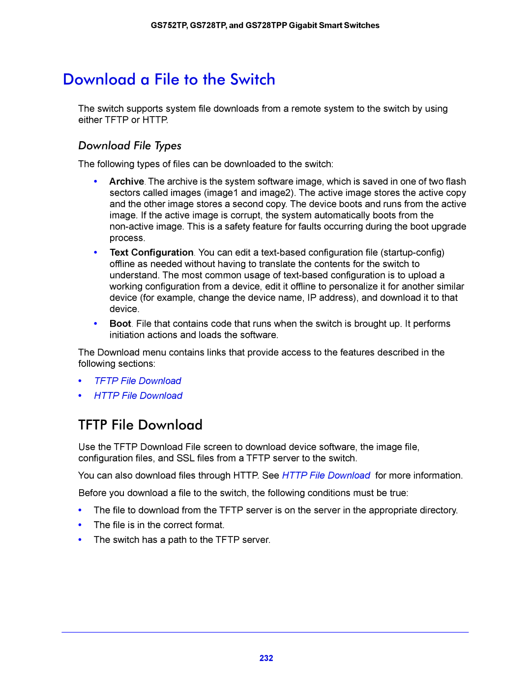 NETGEAR GS728TPP, GS752TP manual Download a File to the Switch, Tftp File Download, Download File Types 