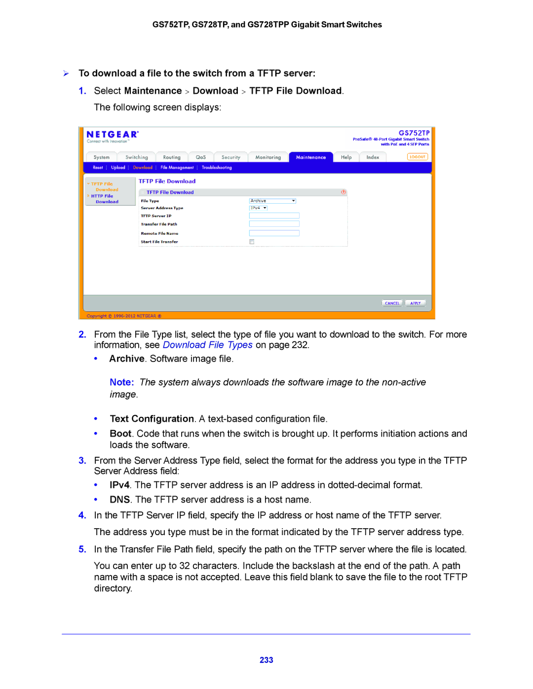 NETGEAR GS752TP, GS728TPP manual  To download a file to the switch from a Tftp server 