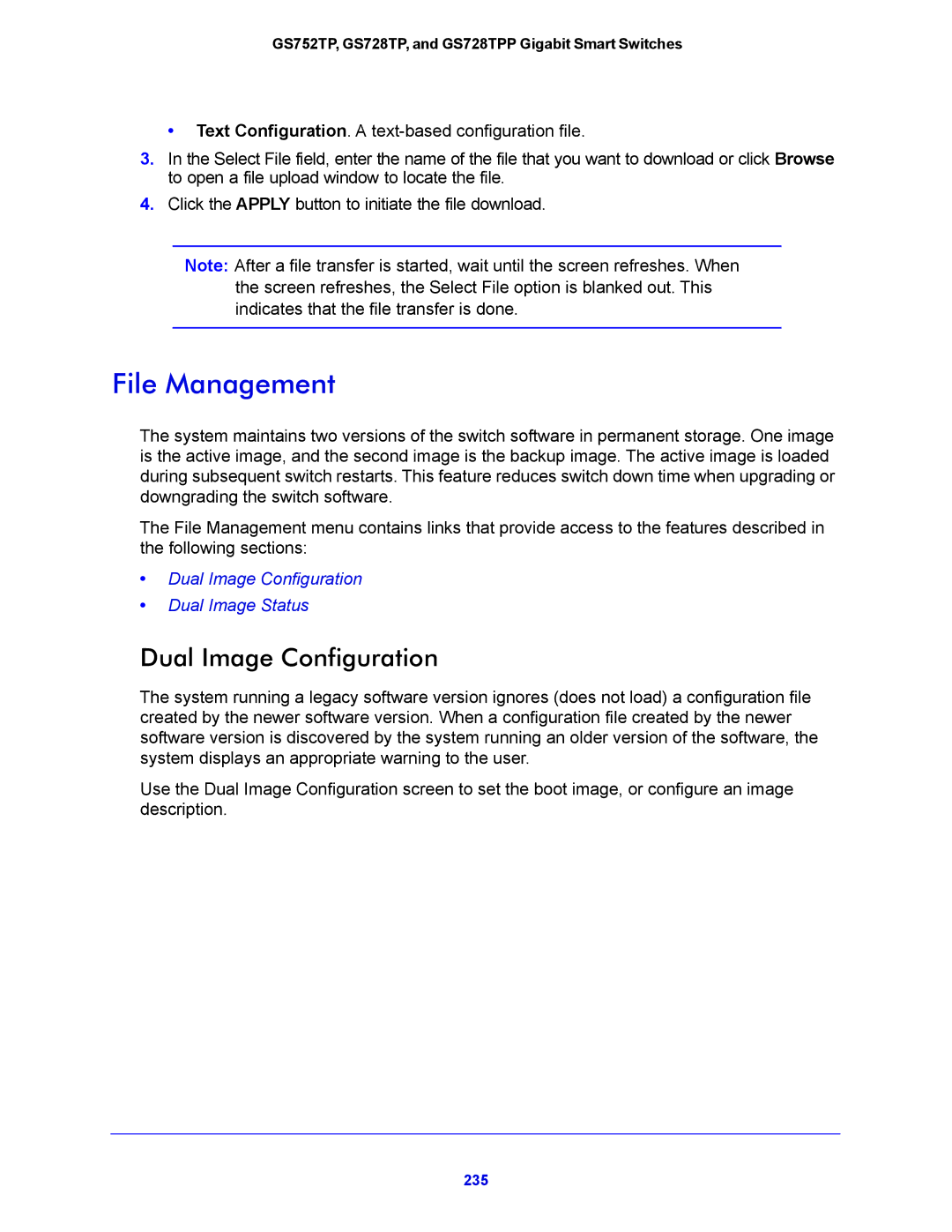 NETGEAR GS728TPP, GS752TP manual File Management, Dual Image Configuration 