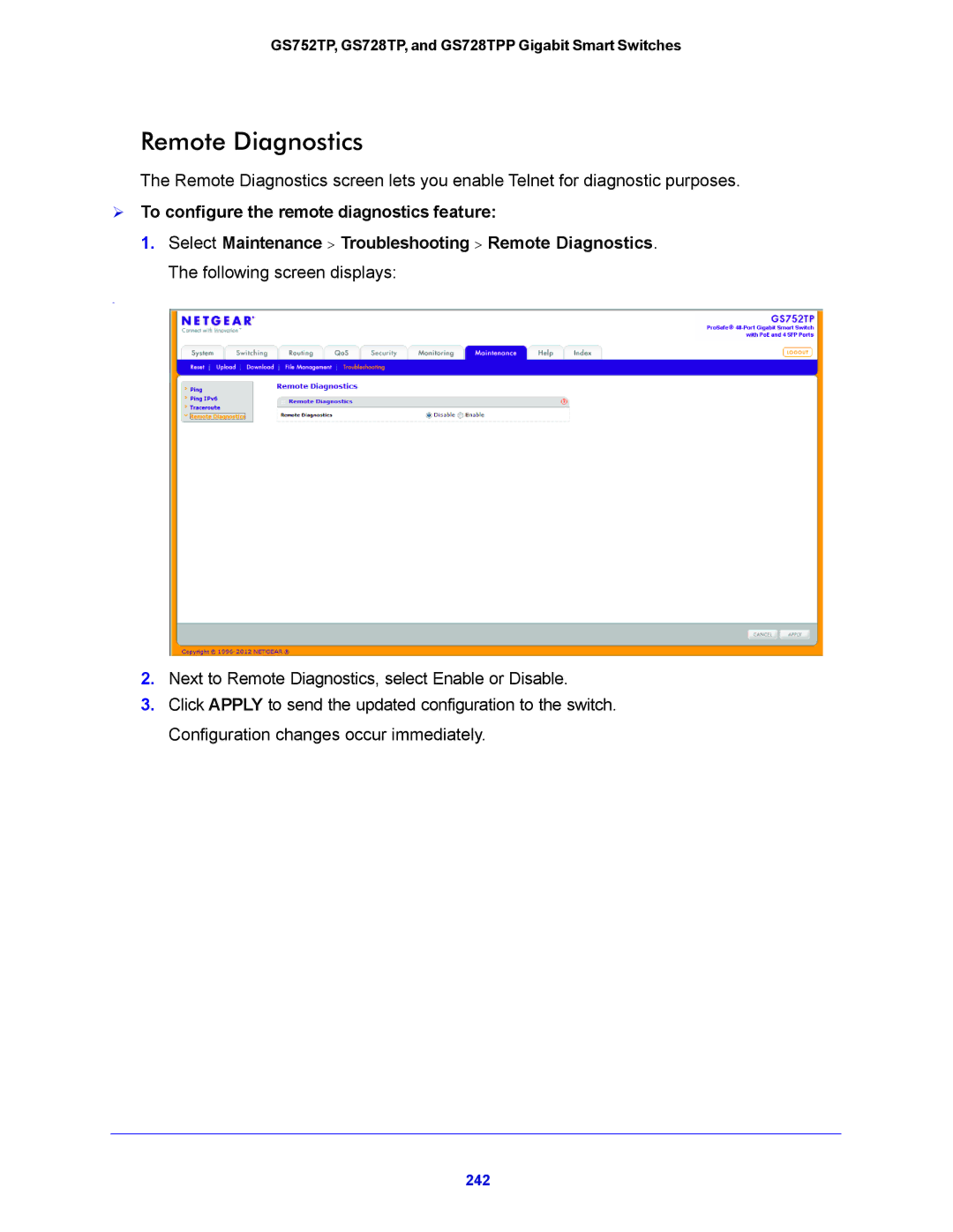 NETGEAR GS752TP, GS728TPP manual Remote Diagnostics,  To configure the remote diagnostics feature 