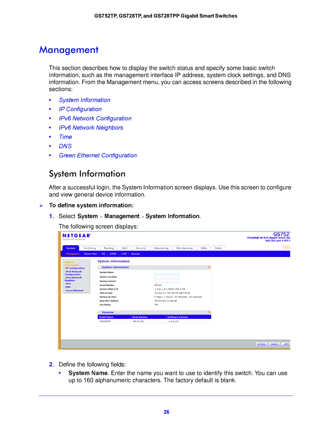 NETGEAR GS752TP, GS728TPP manual Management, System Information,  To define system information 