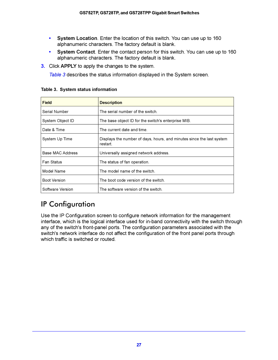 NETGEAR GS752TP, GS728TPP manual IP Configuration, System status information 