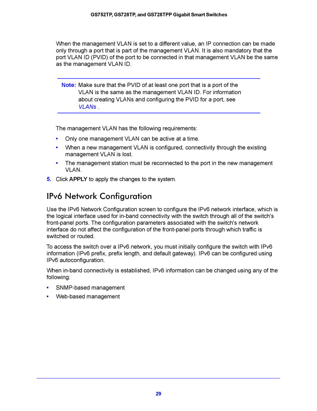 NETGEAR GS752TP, GS728TPP manual IPv6 Network Configuration, VLANs 