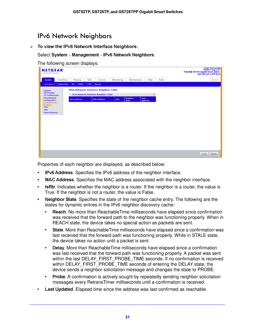 NETGEAR GS728TPP, GS752TP manual IPv6 Network Neighbors,  To view the IPv6 Network Interface Neighbors 