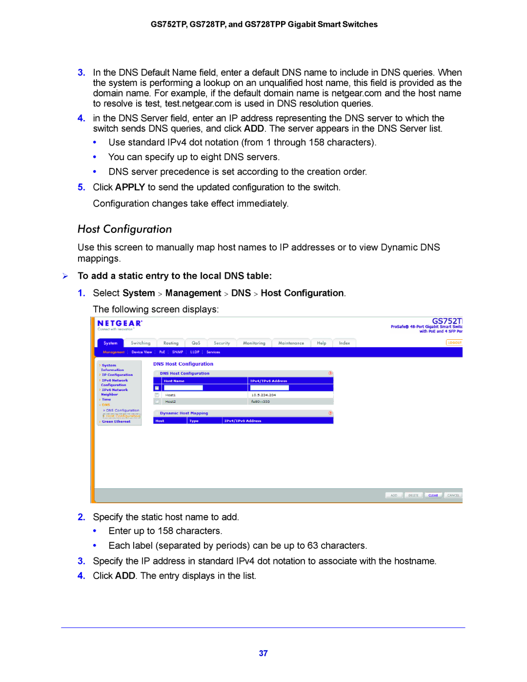 NETGEAR GS728TPP, GS752TP manual Host Configuration,  To add a static entry to the local DNS table 