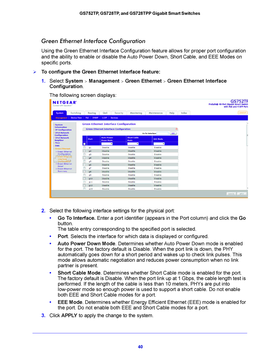 NETGEAR GS728TPP, GS752TP manual Green Ethernet Interface Configuration 