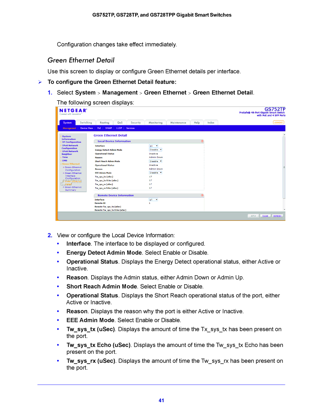 NETGEAR GS752TP, GS728TPP manual  To configure the Green Ethernet Detail feature 