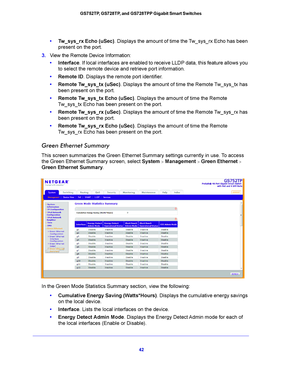 NETGEAR GS752TP, GS728TPP manual Green Ethernet Summary 