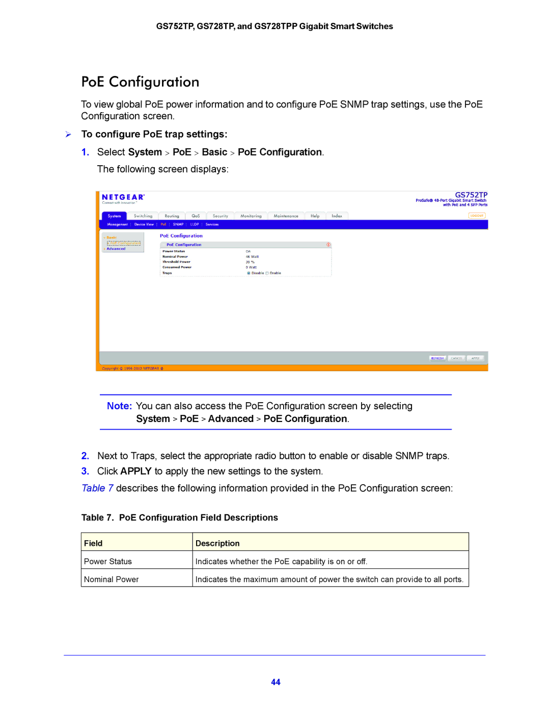 NETGEAR GS752TP, GS728TPP manual  To configure PoE trap settings, System PoE Advanced PoE Configuration 