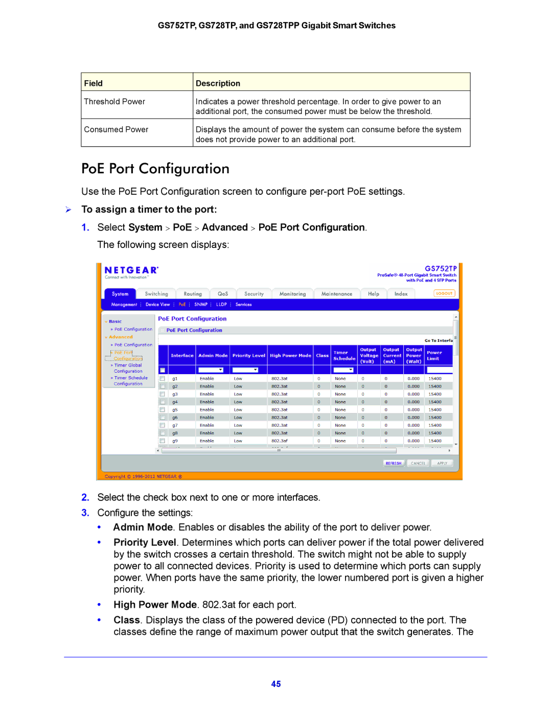 NETGEAR GS752TP, GS728TPP manual PoE Port Configuration,  To assign a timer to the port 