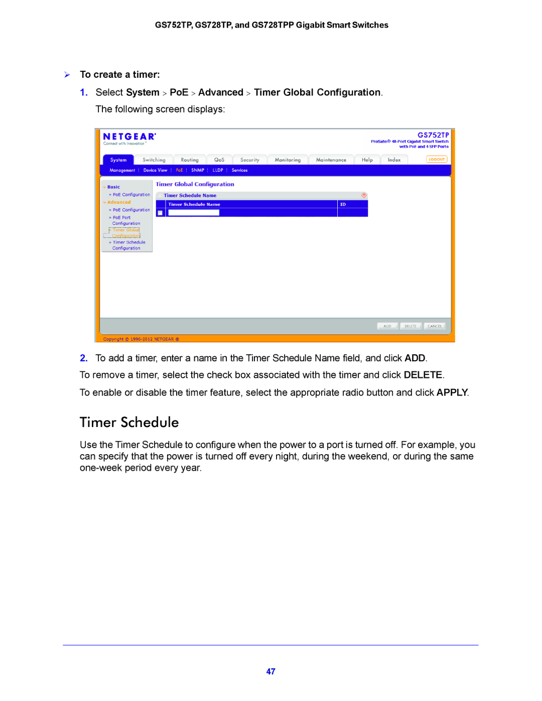 NETGEAR GS752TP, GS728TPP manual Timer Schedule,  To create a timer 