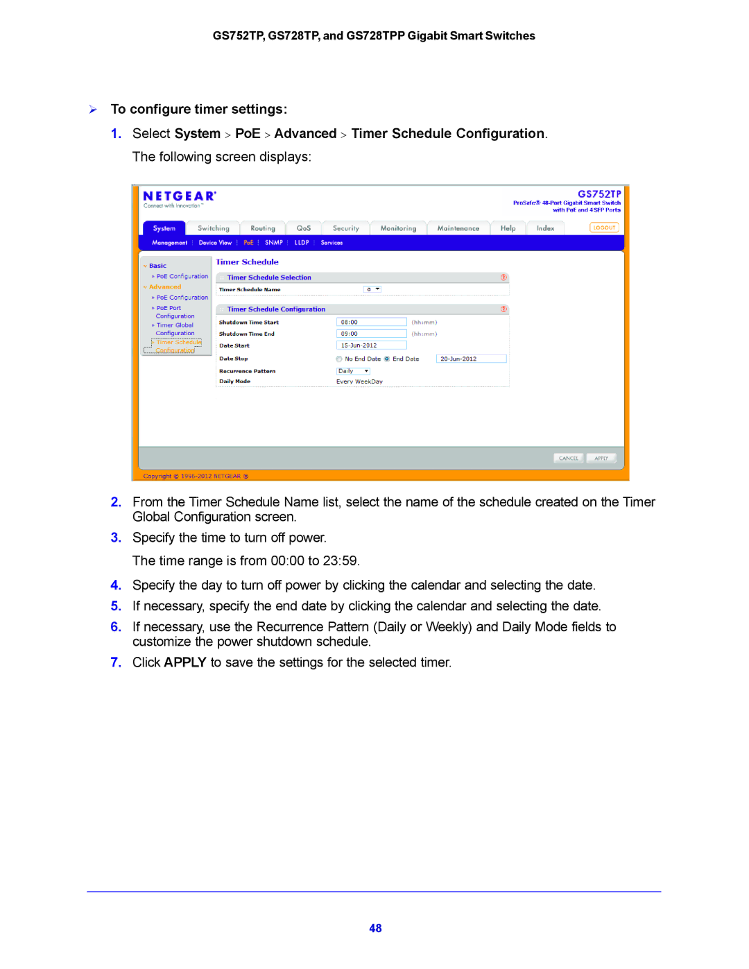 NETGEAR GS752TP, GS728TPP manual  To configure timer settings 