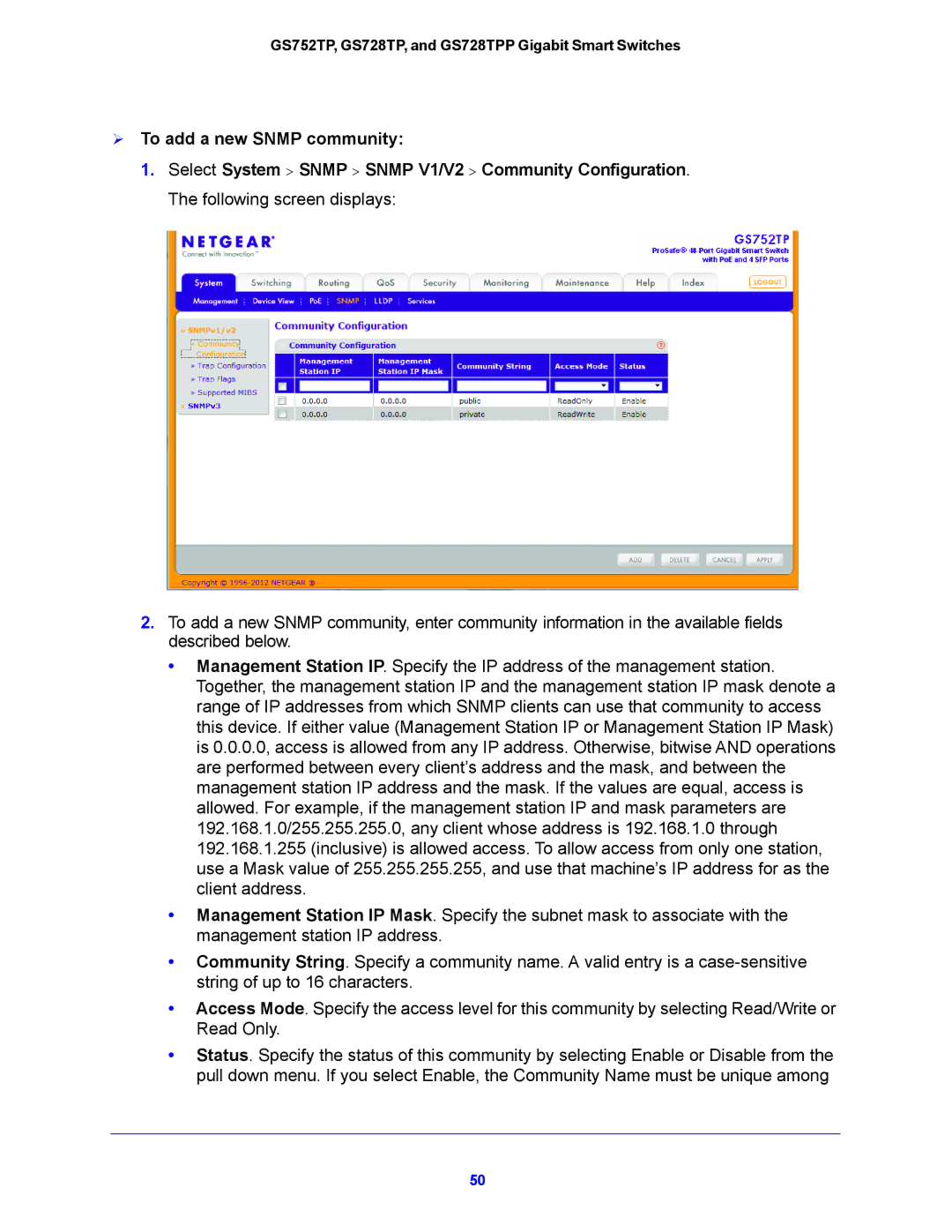 NETGEAR GS752TP, GS728TPP manual  To add a new Snmp community 