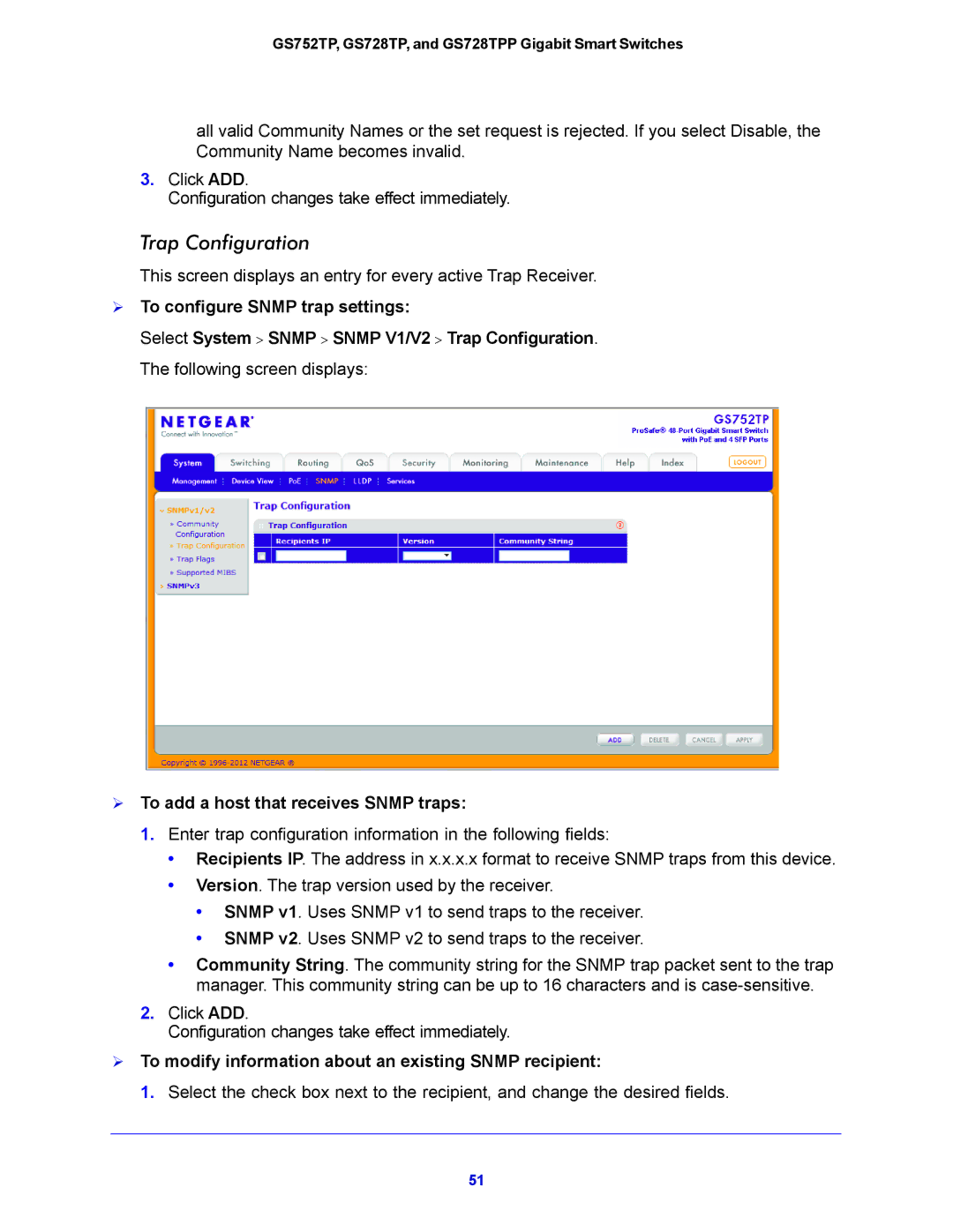 NETGEAR GS752TP, GS728TPP Trap Configuration,  To configure Snmp trap settings,  To add a host that receives Snmp traps 