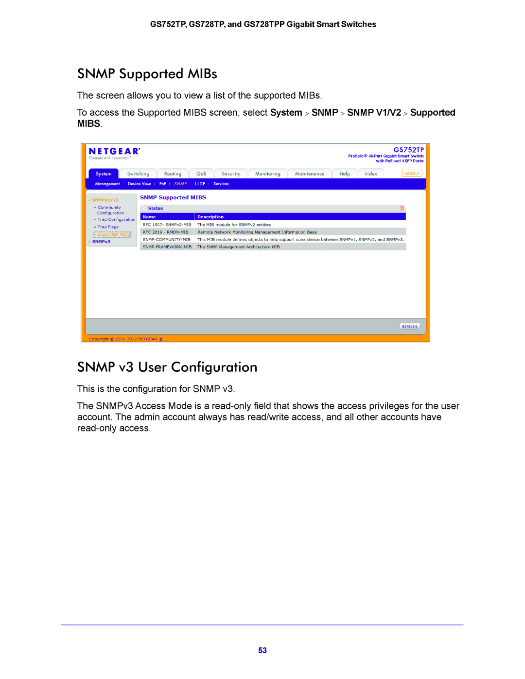 NETGEAR GS752TP, GS728TPP manual Snmp Supported MIBs, Snmp v3 User Configuration 