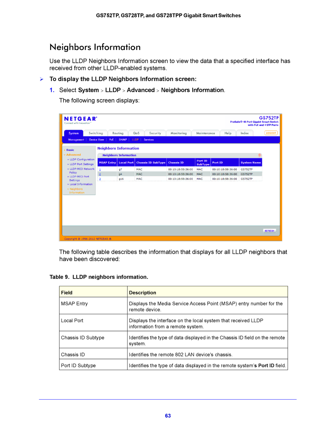 NETGEAR GS752TP, GS728TPP manual  To display the Lldp Neighbors Information screen, Lldp neighbors information 