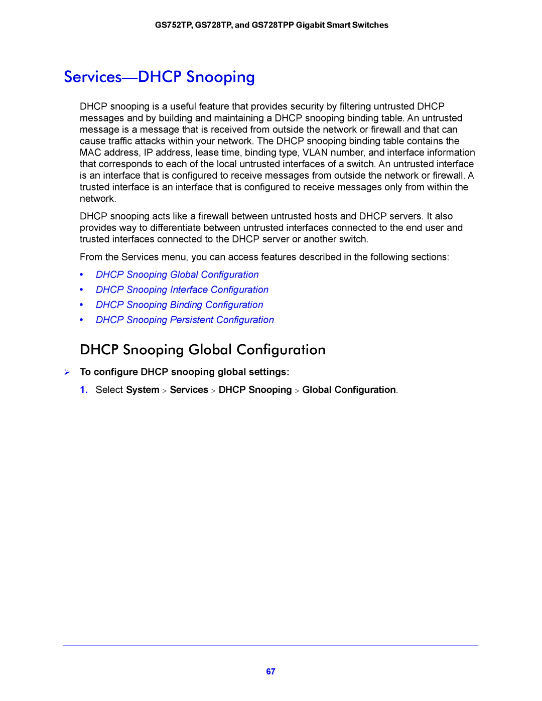 NETGEAR GS728TPP, GS752TP manual Services-DHCP Snooping, Dhcp Snooping Global Configuration 