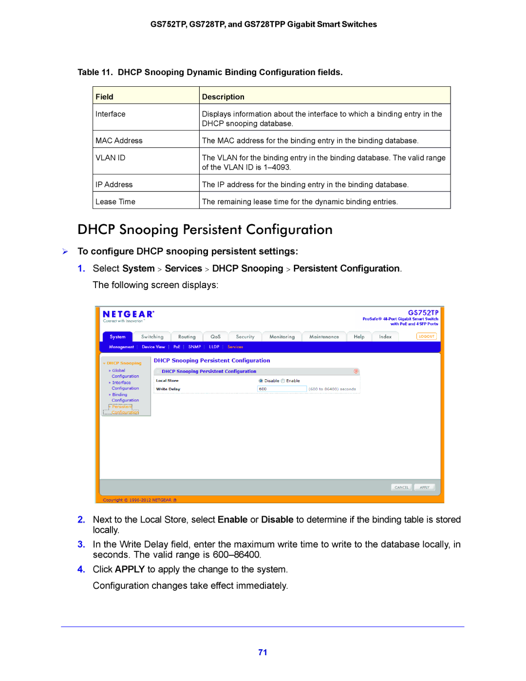 NETGEAR GS752TP, GS728TPP manual Dhcp Snooping Persistent Configuration,  To configure Dhcp snooping persistent settings 