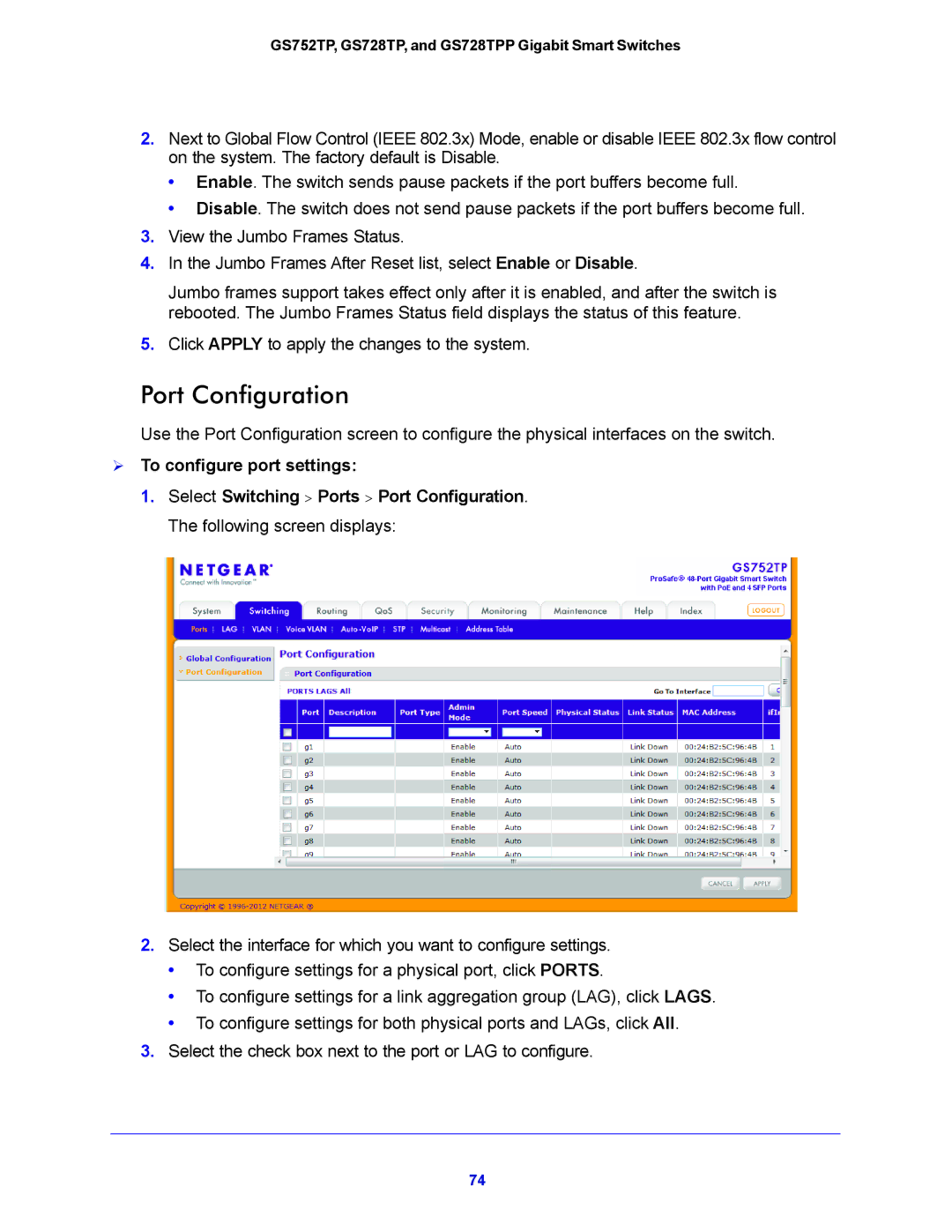 NETGEAR GS752TP, GS728TPP manual Port Configuration,  To configure port settings 